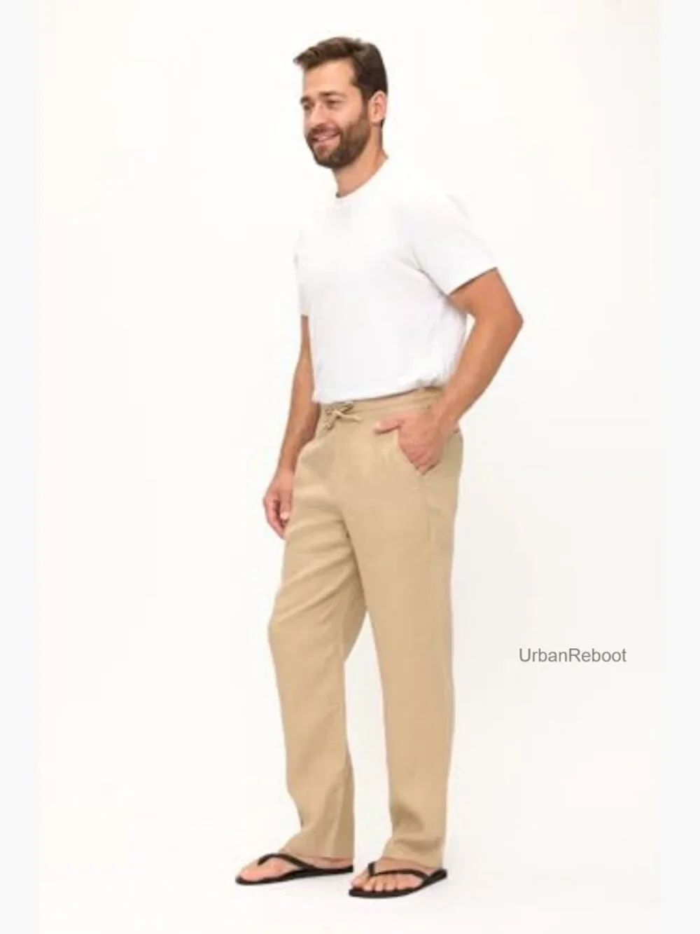 Men's 100% Linen Drawstring Elastic Waist Casual Pants